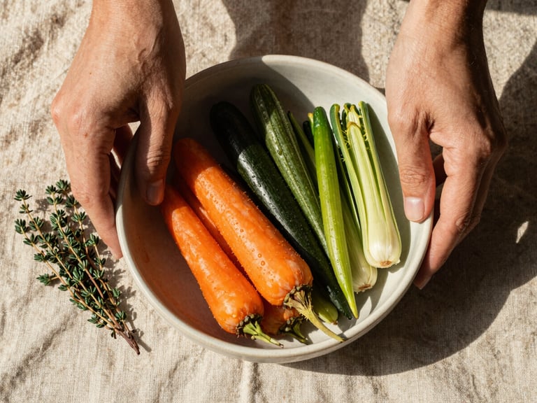 Close-up overhead flat-lay of hands arranging a ceramic bowl of seasonal vegetables on a rough linen cloth under warm north-facing daylight, fingerprints on the bowl rim, a sprig of fresh thyme to the side