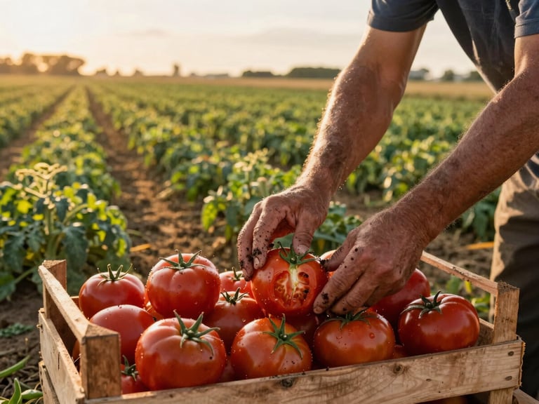 Wide shot of a farmer's hands sorting freshly harvested tomatoes on a wooden crate in an open field at golden hour, soil visible on the fingertips, warm low sun casting long shadows across the rows of crops behind