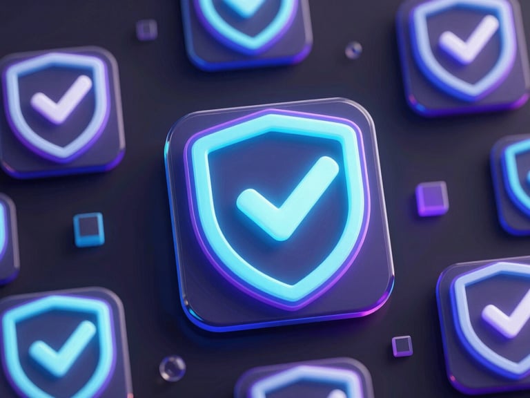 Abstract secure transaction badges with shield and checkmark icons, sleek 3D render, vibrant neon self-illumination, dark glassmorphism, cyan and violet accents, octane render