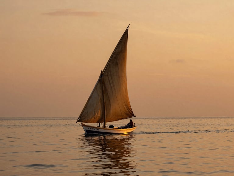 Warm golden hour landscape of Lamu island, traditional dhow sailboat gliding slowly on calm waters, terracotta tones