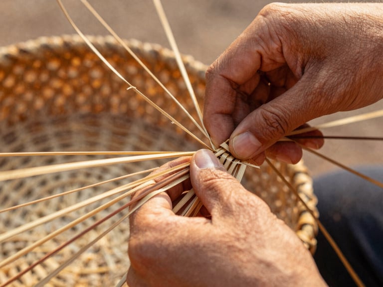 Close up of hands weaving a traditional basket with dyed sisal fibers, warm natural light, shallow depth of field