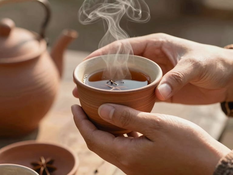 Intimate close-up of hands sharing steaming spiced tea in a beautifully textured clay cup, soft morning light, warm shadows, authentic local setting.