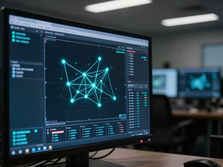 Extreme close-up of a threat-detection dashboard on a large monitor, electric cyan indicator lines highlighting anomalous network nodes, dark operations room background with secondary screens glowing faintly, overhead cool white lighting, framed slightly left of center with generous dark space to the right