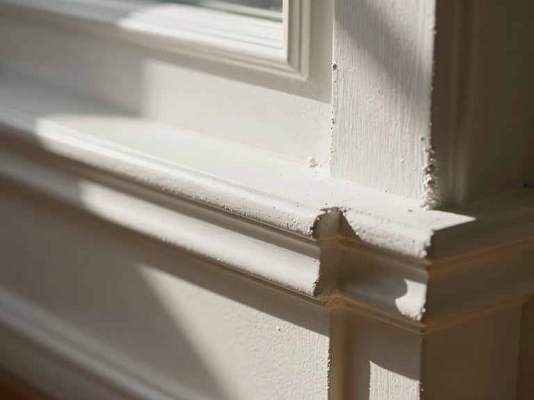 Extreme close-up of a freshly cleaned baseboard corner — natural window light raking across the white painted surface, fine dust-free edge visible, no people, warm shallow depth of field