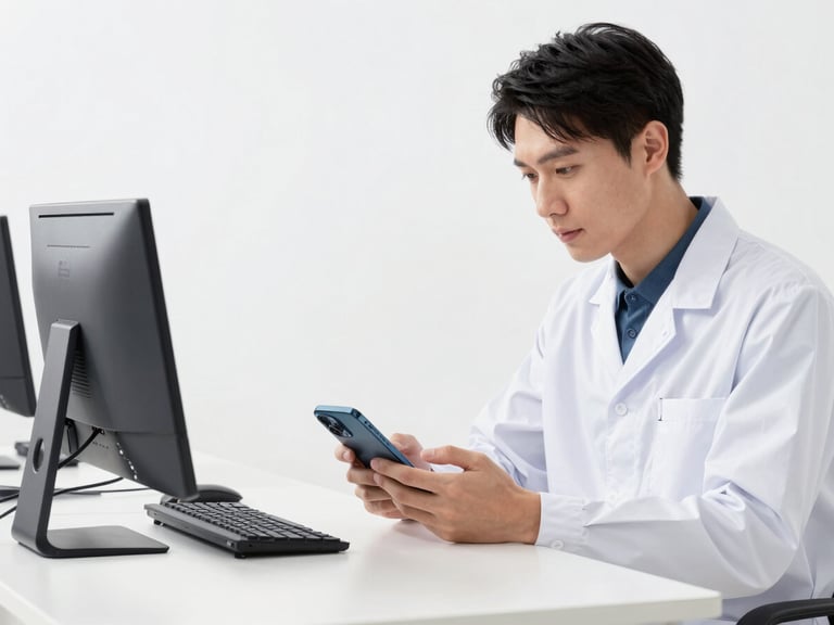 Technician assisting a customer with smartphone data transfer at a clean support desk, bright clean studio lighting, soft shadows, sharp focus, modern tech aesthetic