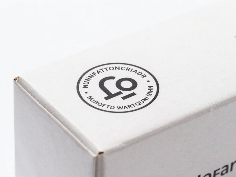 Close-up of a product box with an official manufacturer warranty seal, bright clean studio lighting, soft shadows, sharp focus, modern tech aesthetic