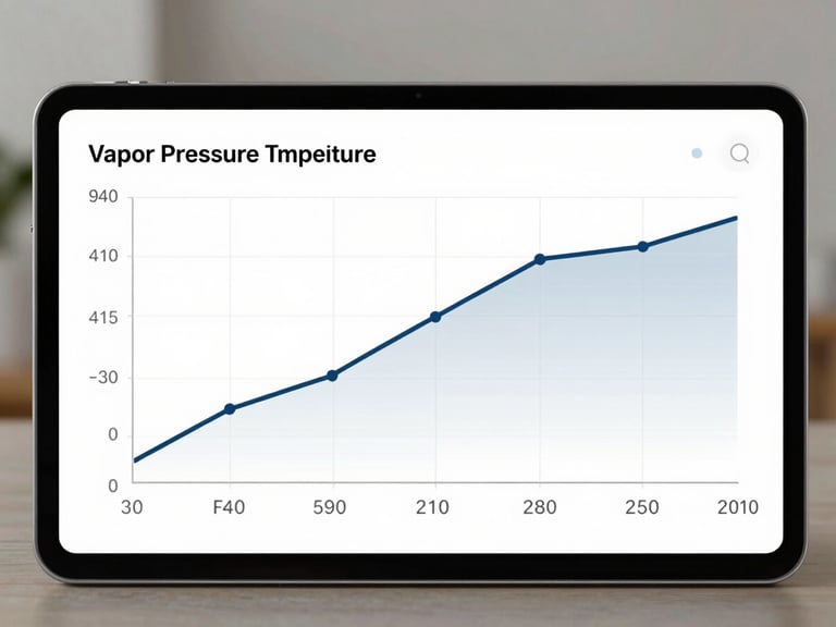 Full-screen app interface screenshot showing a vapor pressure versus temperature plot for a single chemical compound, clean axis labels, crisp line curve on a white background, UI chrome minimal and precise, no decorative elements