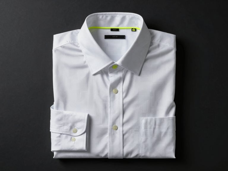 Precise clothing flatlay of a white dress shirt with a subtle geometric pattern, cyber-lime accent, cool high-contrast studio lighting, deep obsidian background.