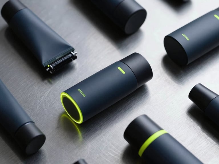 High-angle shot of sleek, minimalist grooming products on a brushed metal surface, subtle neon rim lights, cyber-lime accents, cool high-contrast studio lighting.