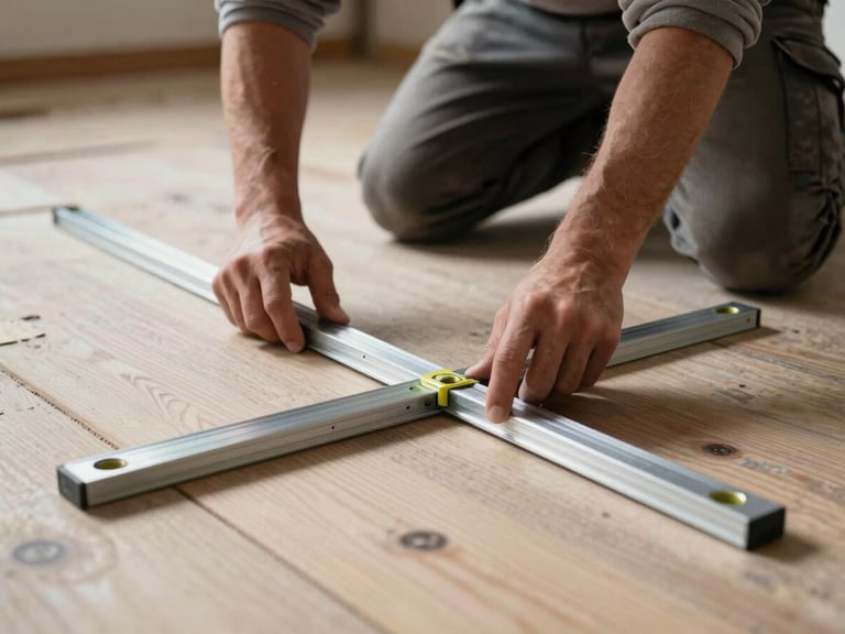 An installer checking subfloor flatness with a heavy-duty aluminum straightedge under bright directional work lights, showcasing structural precision.