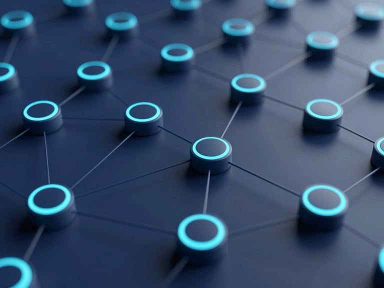 High-fidelity abstract 3D nodes structured as a clean, minimalist vector network diagram with sharp electric cyan rim lights cutting through deep shadow.