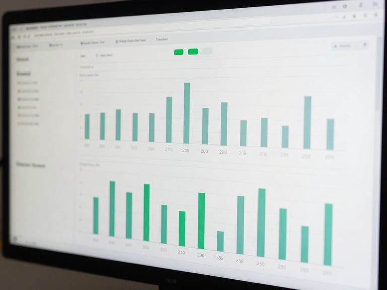 Crisp, unembellished close-up of a custom operational dashboard displayed on a clean monitor, showing clear bar charts and green status indicators, high contrast.