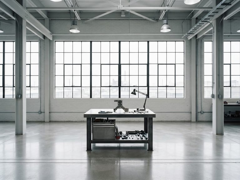Straight-on architectural photo of a clean, high-contrast industrial workspace, bright daylight, minimal composition with desaturated cool tones.