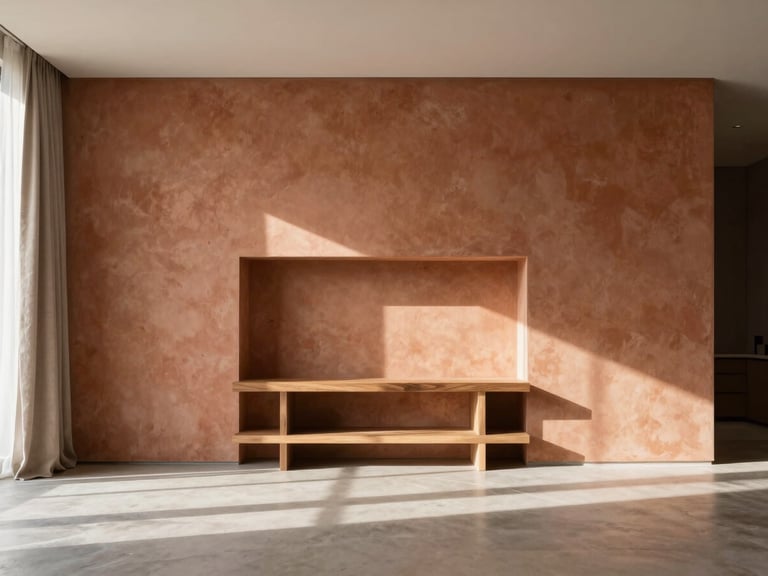 Wide architectural shot of a sun-drenched modern living room, a minimalist wooden altar niche integrated into a clean terracotta plaster wall, soft morning shadows, high-end linen drapery.