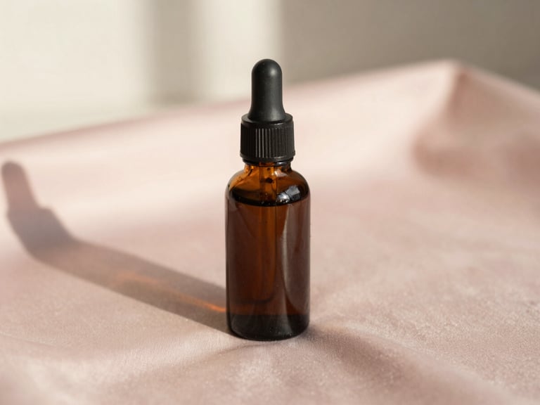 Macro shot of a sleek, minimalist dark glass bottle of retinol serum on a soft blush pink silk cloth, gentle shadows, warm editorial photography
