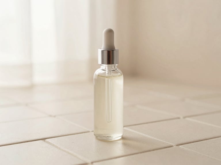 Clear glass bottle with a silver cap, filled with a viscous hyaluronic acid serum, on a cream ceramic tile, soft diffused light, elegant product photography