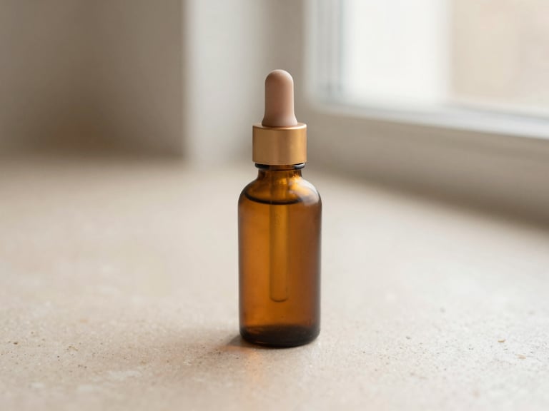 Close-up of a frosted amber glass dropper bottle of Vitamin C serum on a textured cream stone surface, soft morning window light, shallow depth of field, cream and blush tones