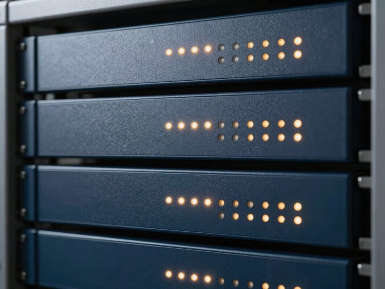 Close-up of a firewall appliance with indicator lights, mounted in a rack, high-contrast shadows, deep slate and amber tones, clean architectural composition, 50mm lens.