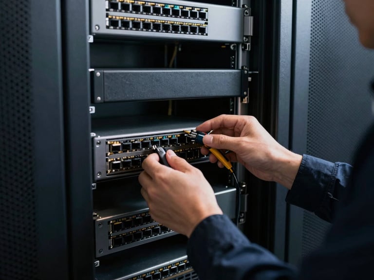 Medium shot of a network engineer configuring a router in a server room, focusing on hands and tools, high-contrast shadows, deep slate and amber tones, clean architectural composition, 50mm lens.