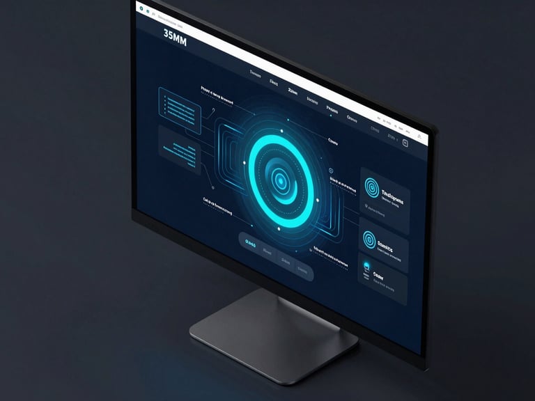 Isometric mockup of a web application on a desktop monitor, dark tech aesthetic, glowing cyan and blue accents, 35mm photography
