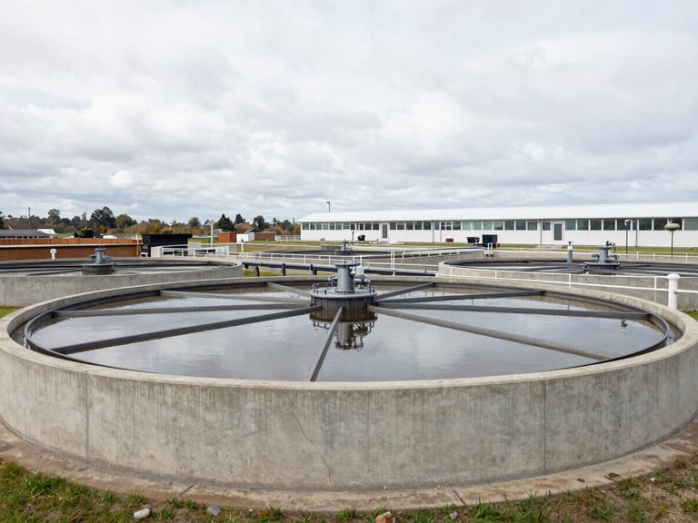 Wide panoramic view of a modern water treatment facility, concrete aeration tanks, overcast sky, professional architectural lens, 35mm