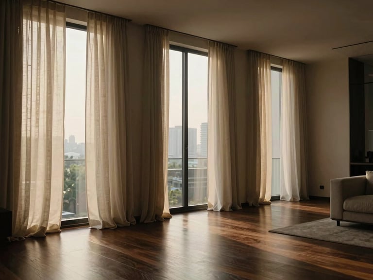 Architectural wide shot of a modern luxury living room in Jakarta, towering minimalist windows with heavy linen drapes pooling perfectly on dark hardwood floors, soft golden-hour light filtering through, 35mm photography.