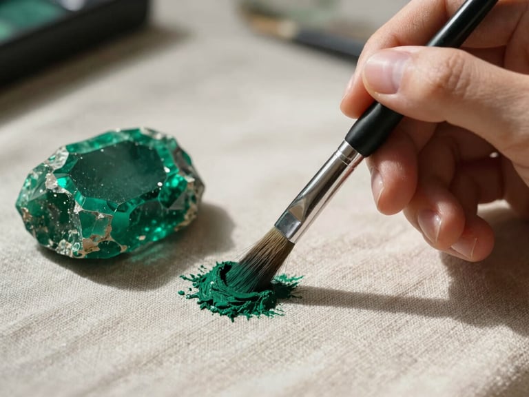 Extreme close-up of an artist's hands using a fine brush to apply deep green pigment next to a raw, uncut emerald resting on textured linen, soft side-lighting, high-contrast shadows.