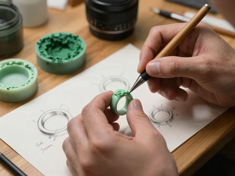 An artist's hands carefully carving a delicate wax mold for a custom sculptural ring, surrounded by raw green pigments and sketches on a warm wooden table