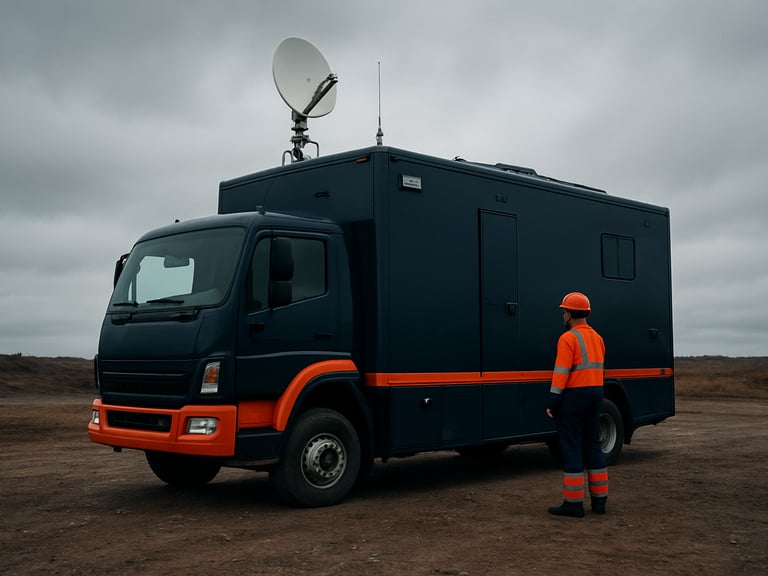 Wide environmental shot of a specialized mobile command vehicle parked on a remote site, high-visibility field gear visible, high-contrast overcast daylight, muted navy and safety-orange tones, sharp focus, 35mm lens