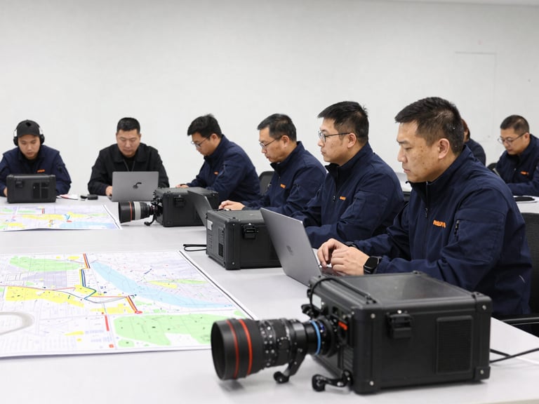 Interior shot of a tactical planning room with large maps and rugged communication gear on tables, professional team members collaborating, crisp neutral white light, sharp focus, documentary photography, 35mm lens