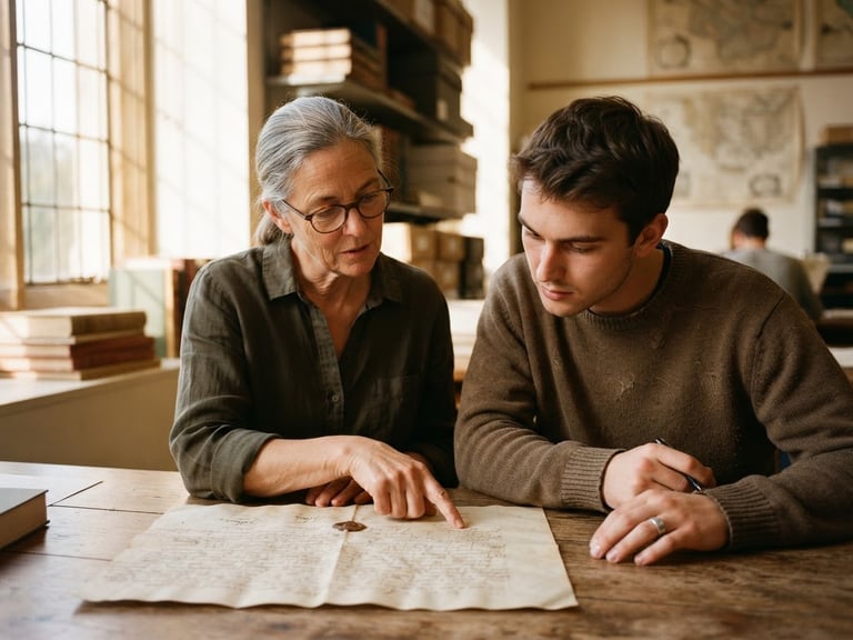 Warm natural window light illuminating a focused mentor and student reviewing historical documents together, soft side-lighting, rich muted tones, shallow depth of field, 35mm film look