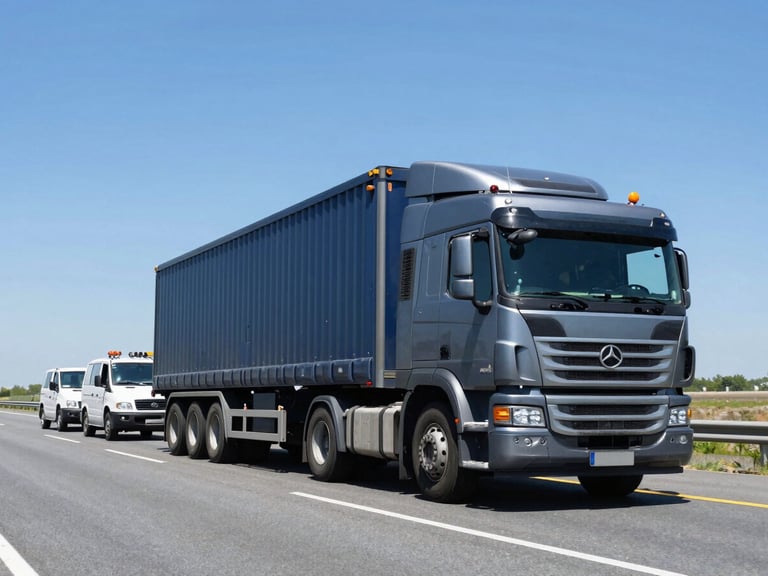 A heavy transport vehicle convoy with escort cars driving on a wide open highway under clear blue sky, low-angle shot
