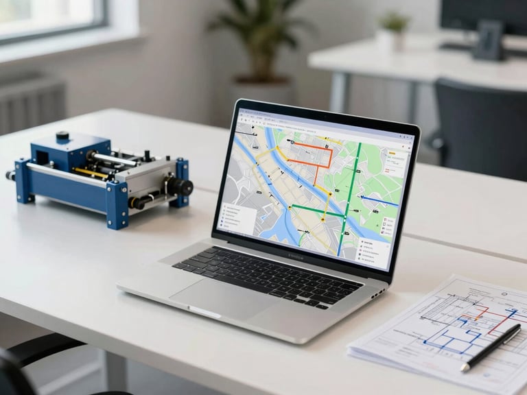 Clean modern office desk with a laptop showing logistics routing maps, blueprints of machinery nearby, neutral professional lighting