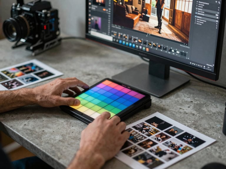 Close-up of two sets of hands working at a wide desk — one pair adjusting a color-grade panel on a large calibrated monitor showing a campaign still, the other pair reviewing printed contact sheets under a directional studio strobe, concrete desk surface visible, cool even light, no faces in frame