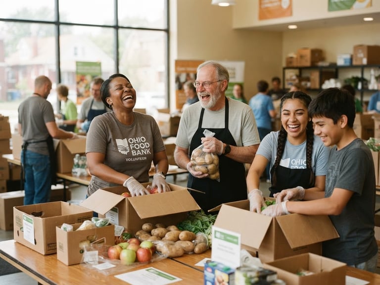 Warm candid photo of Ohio volunteers of diverse ages laughing together while packing fresh food boxes in a bright, sunlit community center, 35mm