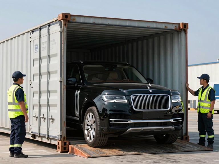 A brand new black luxury SUV being carefully driven into a clean steel shipping container, secure loading bay, professional logistics staff wearing high-visibility gear, sharp daylight.