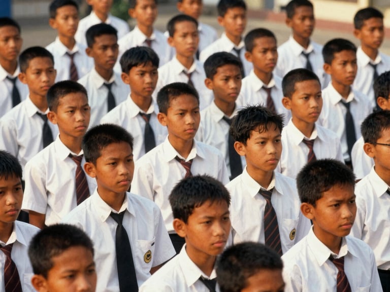 Archival scanned photo of SMEAN Karawang 93 students in uniform, slightly faded analog tones, 35mm film aesthetic