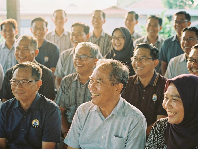 Group photo of SMEAN Karawang 93 alumni laughing together at a recent reunion, warm natural golden-hour light, soft faded vintage analog tones, 35mm film aesthetic