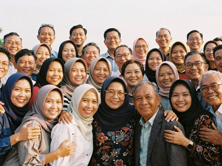 Large group photo of SMEAN Karawang 93 alumni at a reunion, all smiling and embracing, warm natural golden-hour light, soft faded vintage analog tones, 35mm film aesthetic