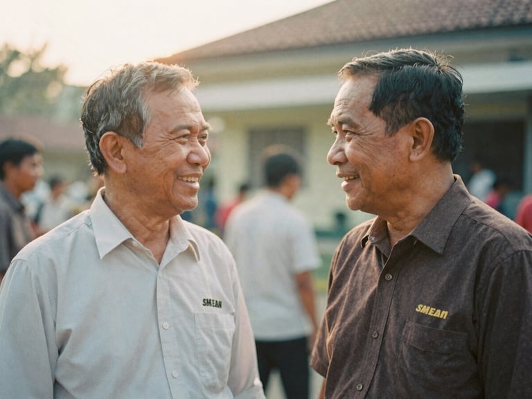 Candid shot of two SMEAN Karawang 93 alumni chatting warmly, soft golden hour light, faded vintage analog tones, 35mm film aesthetic