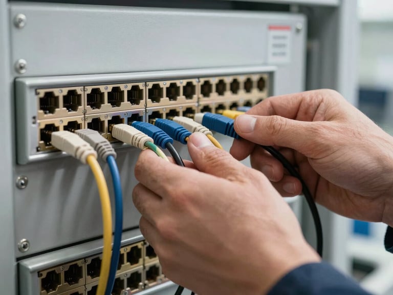 Primer plano de manos de un ingeniero técnico conectando un cable de red de categoría superior en un panel de conexiones estructurado, iluminación diurna clara.