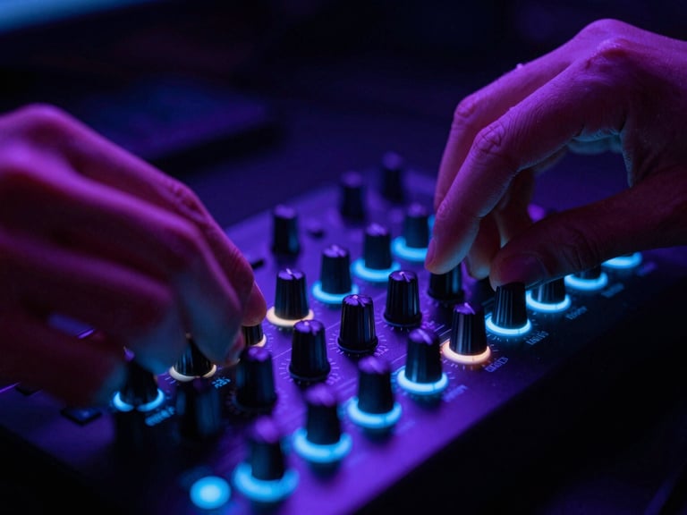 Close-up of hands adjusting dials on a glowing MIDI controller in a dark studio, neon blue and violet reflections, sharp macro detail, 35mm