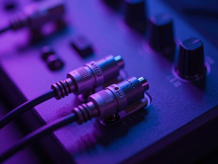 Extreme close-up of high-quality patch cables plugged into a hardware synthesizer, dramatic purple neon edge-lighting, shallow depth of field, 35mm