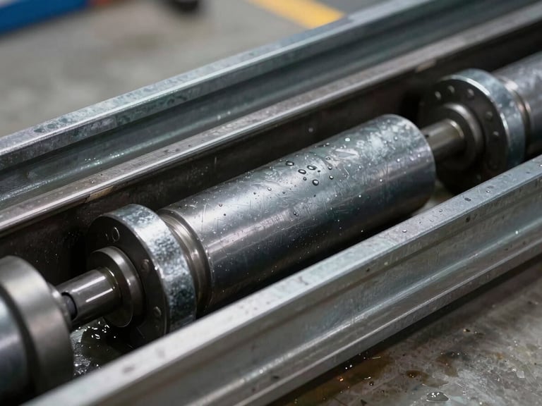Close-up of heavy-duty steel garage door rollers inside a solid steel track, clean grease, industrial details.