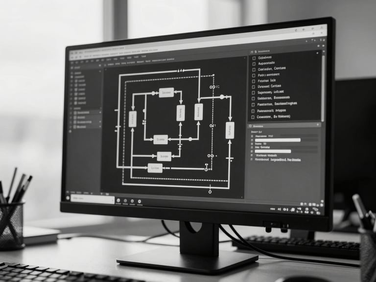 A stark black-and-white data visualization showing structured pipeline metrics on a high-end office monitor, cool overcast daylight, high contrast slate tones.