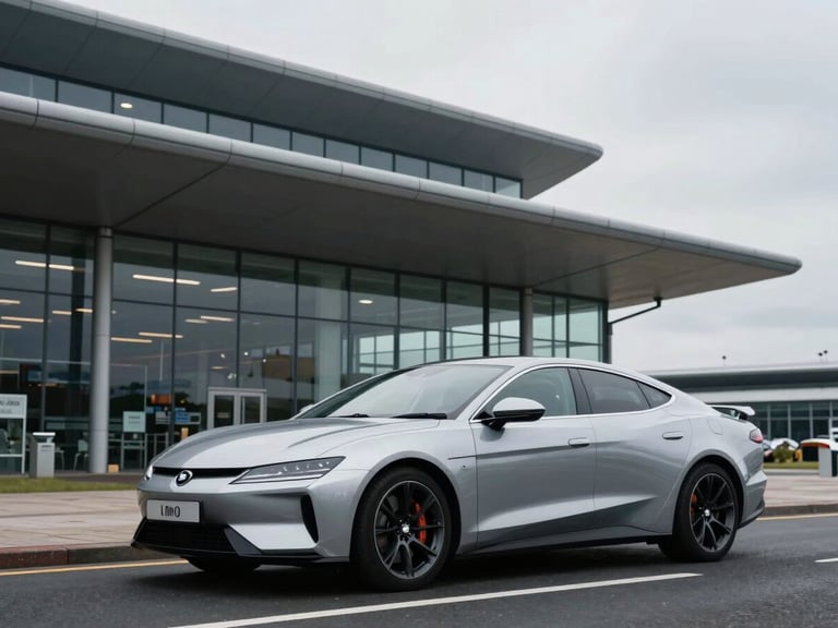 Exterior shot of a spotless executive vehicle driving smoothly past the modern architecture of Liverpool John Lennon Airport, cool overcast daylight, professional driver visible