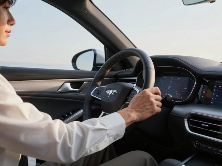 Close-up editorial shot of a professional driver in smart-casual attire adjusting the climate control in a pristine executive car cabin, soft morning daylight filtering through the window.