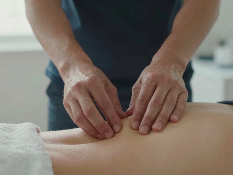 Close-up of practitioner's hands performing manual assessment on a patient's lumbar spine, fingers applying precise contact on paraspinal tissue, soft diffused daylight from the left, clinical treatment table visible beneath