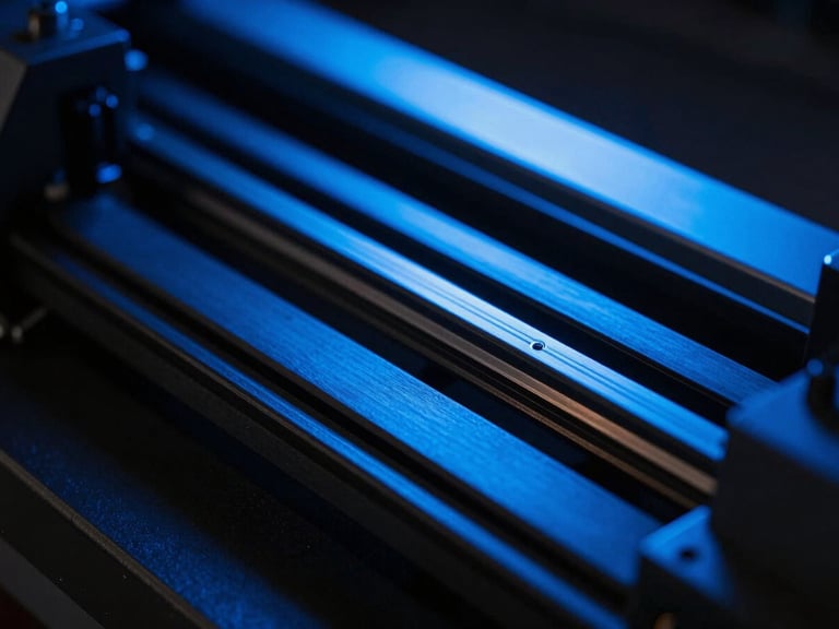 Close-up of a pen plotter or printer rail system in motion, low-key single-source blue lighting catching the edges of belts and pulleys