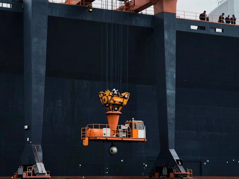 Heavy metallic lifting crane in a modern shipyard, high-contrast architectural light, 35mm